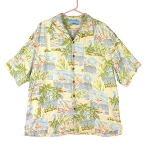 Bermuda Bay Tropical Hawaiian Green Button Up  Shirt  100% Silk Men's L Palms